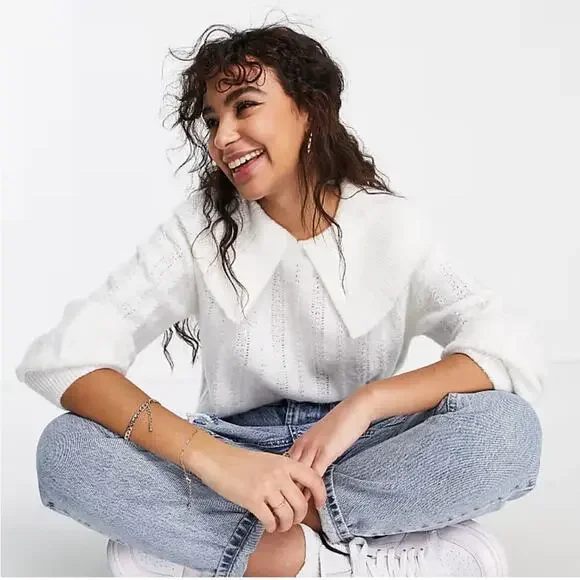 NWT Topshop Knitted Stitch Collar Jumper in Ivory - Picture 3 of 13